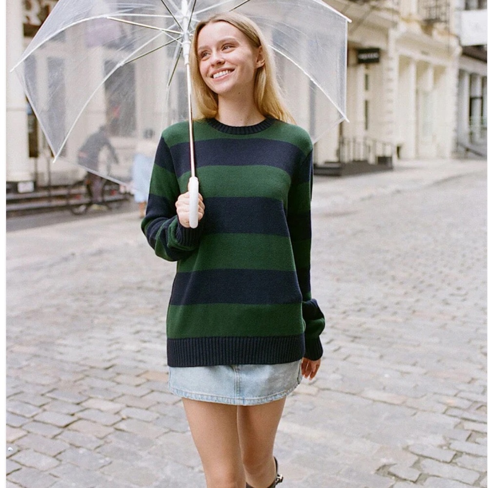 Brandy Melville Green and Black Striped Crewneck Sweater